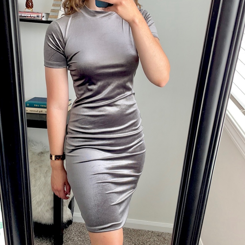 Zara Gunmetal Gray Silver Velvet Mock Neck Midi Dress